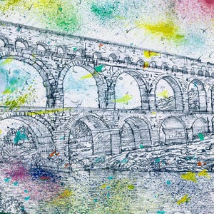 PONT Du GARD - watercolor and pencil painting - POSTER - various sizes! art print drawing france landmark bridge roman aqueduct unesco rome