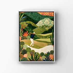 May include: A vertical art print featuring a golfer in a dark blue shirt and white pants swinging a club on a course. The landscape is filled with various green cacti and succulents, set against rolling hills with patterned textures.