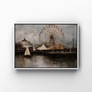 May include: An antique-style framed print depicting a vintage amusement park scene. The artwork features a large Ferris wheel, a sailboat on the water, and a carousel. The color palette is muted with shades of gray, brown, and beige, creating a nostalgic feel.