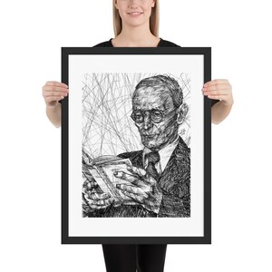 HERMANN HESSE's Tusche Porträt - gerahmtes Poster - verschiedene Größen! Kunstdruck Malerei Illustration Zeichnung Siddharta Steppenwolf Schriftsteller