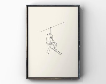 Ski Lift Art Print, Chairlift Wall Decor, Minimalist Skiing Poster, Continuous Line Drawing, Winter Mountain Sport Artwork, Digital Download