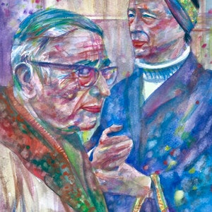 SARTRE and Simone De BEAUVOIR watercolor portrait - POSTER - various sizes available! art print
