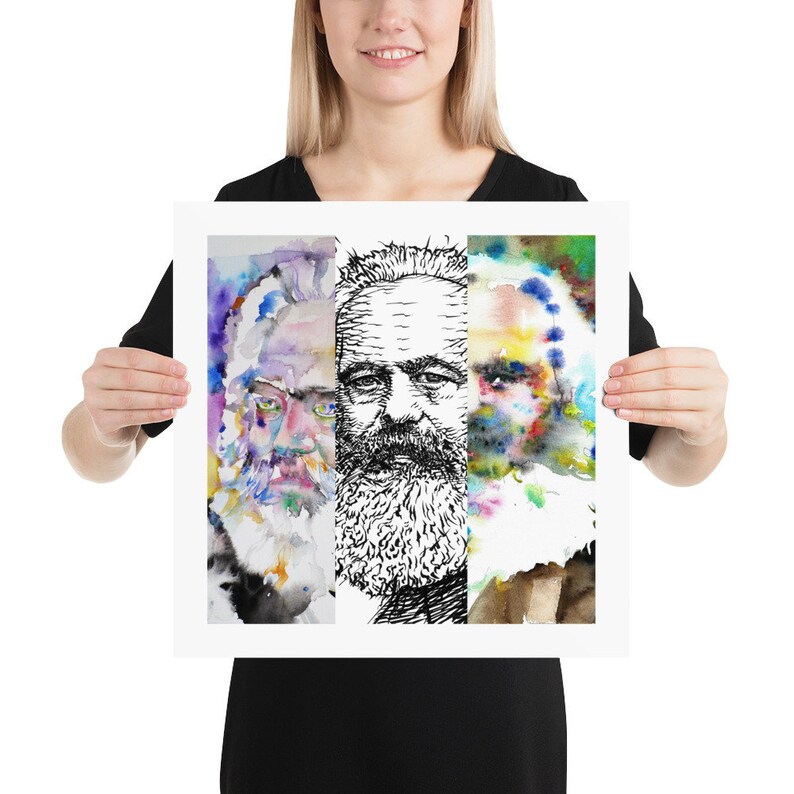 May include: A watercolor painting of three men's faces. The central face is a black and white line drawing of a man with a beard. The faces on either side are watercolor paintings of men with beards, with a colorful abstract background.