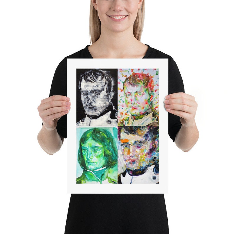May include: A collage of four paintings of Napoleon Bonaparte. Each painting is in a different style, with one in black and white, one in a colorful abstract style, and two in a more realistic style.