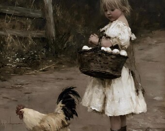 Little Girl Collecting Eggs with Rooster poster, Farmhouse vintage wall art, Country life print, Cute animal art print, Cottagecore decor