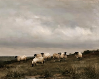 Sheep Grazing Under Cloudy Sky poster, Pastoral landscape canvas print, Muted sky wall decor, flock artwork, rustic field home decor