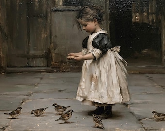 Little Girl Feeding Sparrows, Classical Oil Painting Print, Fine Art Poster, Vintage Portrait, Moody Cottagecore Wall Art, Antique Decor