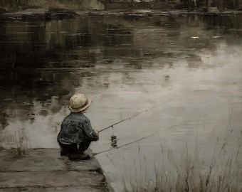 Vintage Boy Fishing Poster, Lake House Wall Art, Antique Fishing Print, Watercolor Cabin Decor, Rustic Nursery Art, Moody Landscape