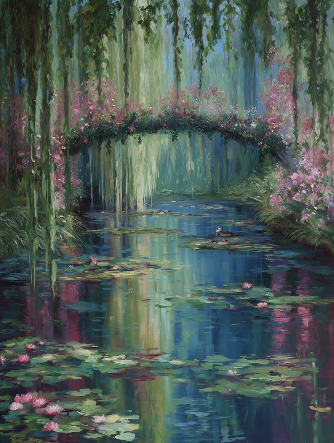 Serene Garden Pond Bridge Poster, Floral Lily Pads Landscape - Etsy