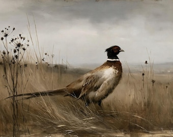 Pheasant in the Wild Grassland poster, Antique wildlife bird canvas, Vintage hunting lodge wall art print, Traditional fine art home decor