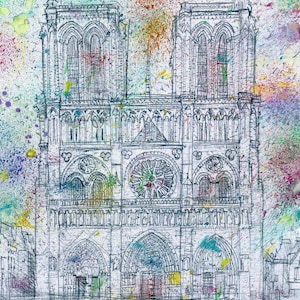 NOTRE-DAME de PARIS - watercolor and pencil painting - Poster - various sizes! gothic cathedral print drawing church landmark illustration