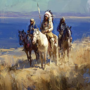 Op de afbeelding: Een olieverfschilderij toont drie inheemse Amerikaanse figuren te paard. De centrale figuur, versierd met een gevederde hoofdtooi, houdt een speer vast. De ruiters zijn gekleed in traditionele kledij, tegen een achtergrond van een blauwe lucht en een gouden landschap.