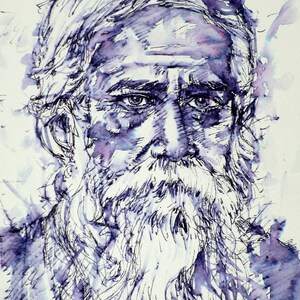 RABINDRANATH TAGORE portret akwarelowy i tuszowy - PLAKAT - różne rozmiary! wydruk artystyczny