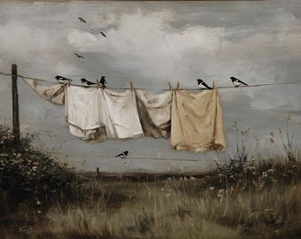 Birds on Clothesline Poster, Vintage Rustic Wall Art, Antique Country Landscape Print, Cottagecore Decor, Moody Oil Painting Print