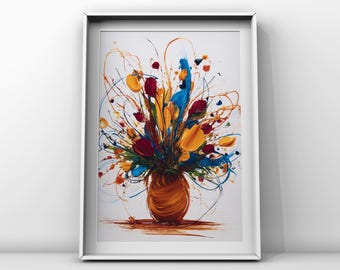Pôster artístico com buquê de flores abstrato e colorido, impressão em vaso floral.