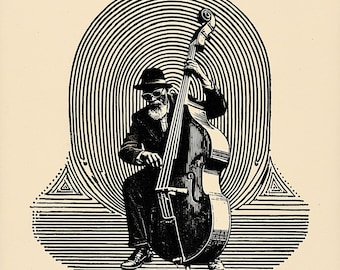 Jazz Musician Double Bass Poster, Black and White Portrait Art