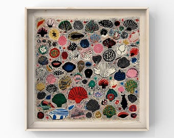 水彩貝殻アートプリント6枚セット、貝殻絵画、海をイメージした壁飾り
