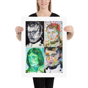 May include: A collage of four portraits of Napoleon Bonaparte in different artistic styles. The top left portrait is in black and white, the top right is in a colorful abstract style, the bottom left is in a green and blue abstract style, and the bottom right is in a colorful abstract style.