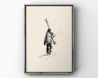 Carrying Skis Wall Decor, Skier Art Print, Winter Mountain Poster, Snowy Mountain Exploration Sketch, Lonely Hiker Artwork, Digital Download