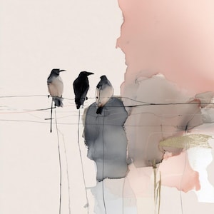 May include: Watercolor painting of three birds perched on a wire, set against a soft, abstract background. The birds are rendered in shades of black, gray, and white. The background features a blend of pink, gray, and gold tones, creating a serene and artistic composition.