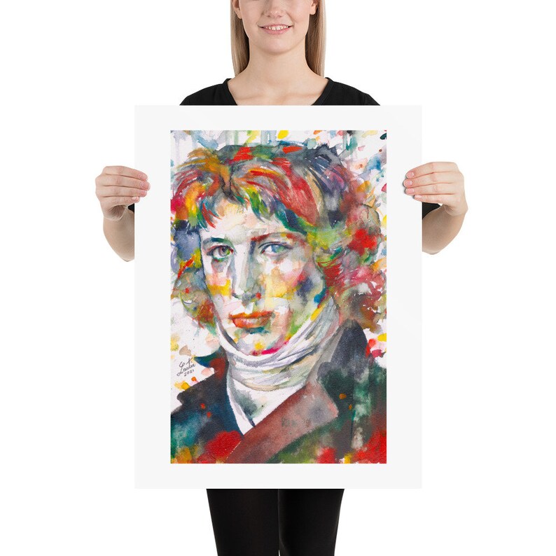 May include: Watercolor painting of a man with short brown hair. The painting is done in a colorful style with splashes of red, blue, green, yellow, and purple. The man is wearing a white shirt and a dark jacket.