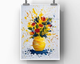 Impressão artística de vaso de flores coloridas, pôster de buquê floral