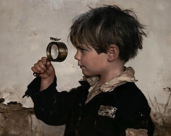 Child Inspecting grasshopper with Magnifier Poster, Antique boy Oil Painting Print, Curious Kid Wall Art, Moody Canvas Print, Academic Art