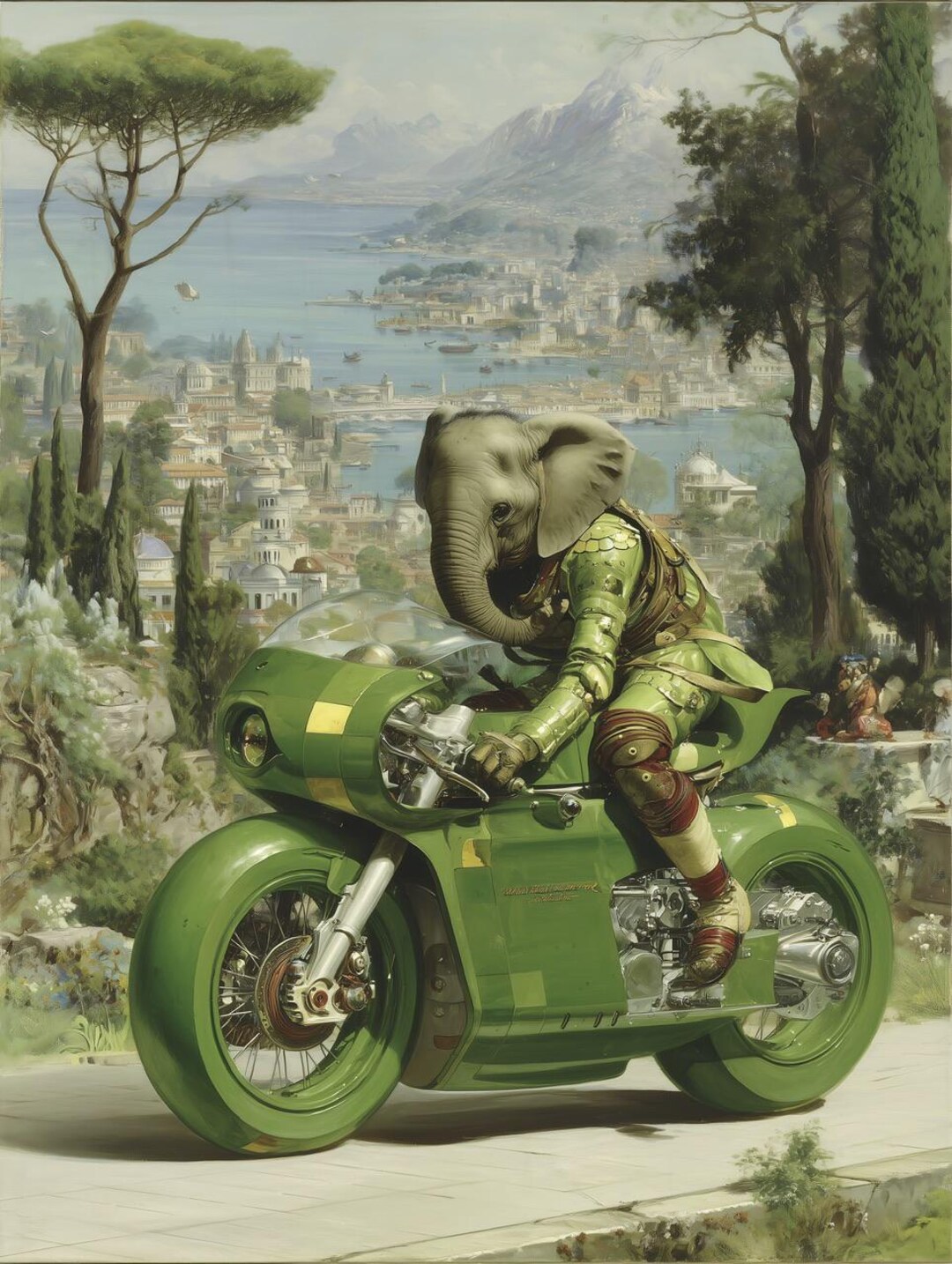 Elephant Riding a Green Motorcycle , Posters, Poster Print, Wall Art ...