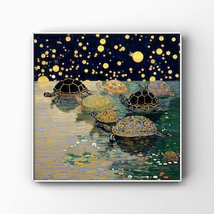 May include: A square art print featuring several turtles swimming in a body of water. The turtles have patterned shells in shades of black, yellow, and green. The water reflects the turtles and a starry night sky with yellow orbs.