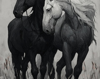 Black and White Horses Poster, Stallion Print, Equine Wall Art