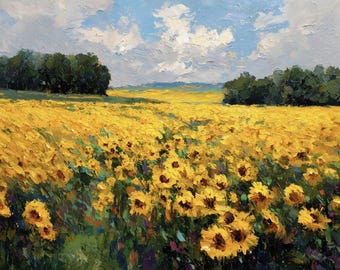 Sunlit Sunflower Field Poster, Impressionist Floral Wall Art
