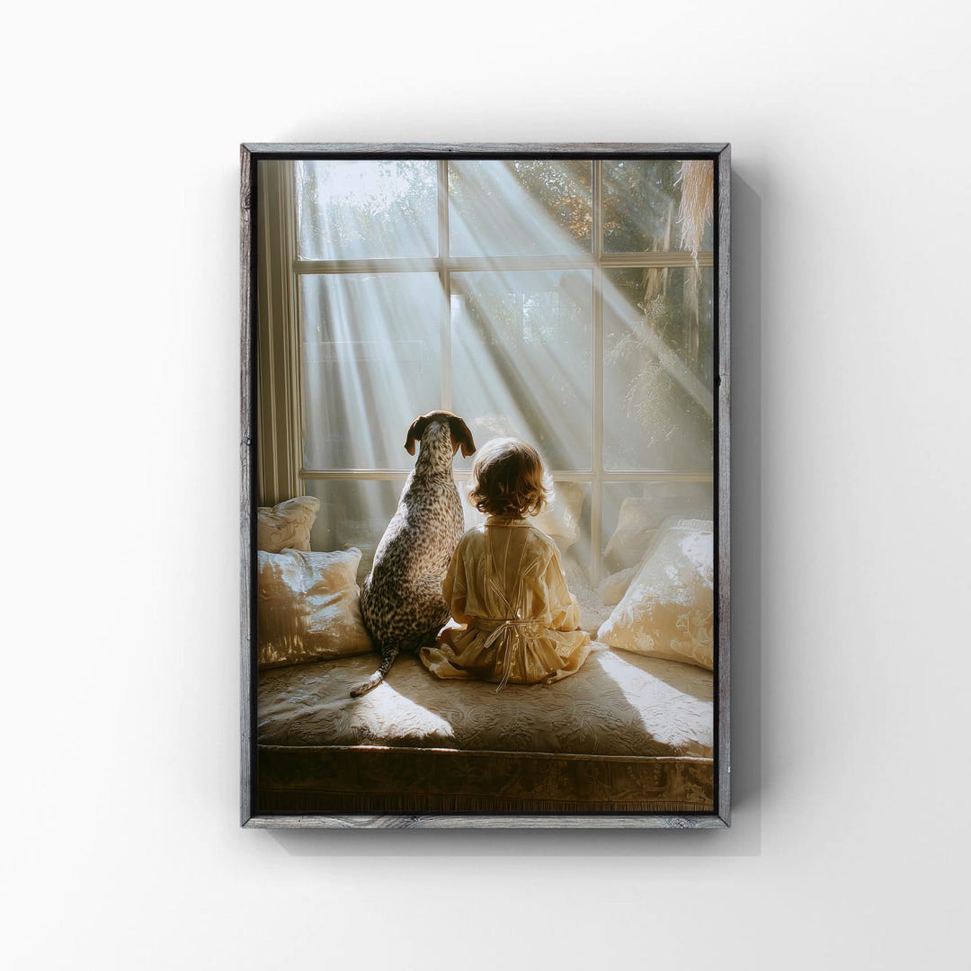 Window Scene Poster Child and German Shorthaired Pointer Window Scene Poster, Serene Sunlit ...