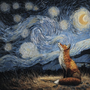Puede incluir: Pintura al óleo de un zorro mirando hacia un cielo nocturno arremolinado con estrellas y una luna creciente. El zorro tiene pelaje naranja y blanco, y el cielo está pintado en tonos azules y blancos.