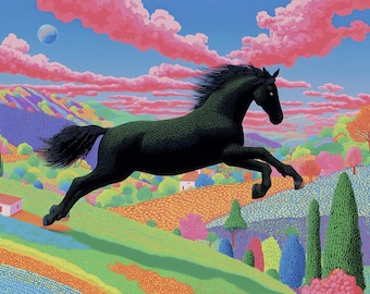 Majestic Black Horse Art Print, Colorful Landscape Poster