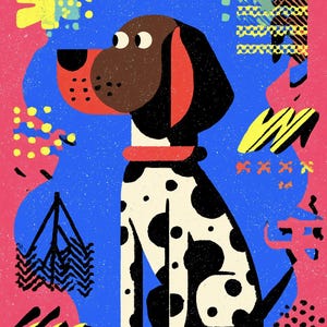 May include: A colorful illustration of a dog with black spots on a white body, brown ears, and a red collar. The background features a pink and blue abstract design with yellow and black shapes. The dog is sitting.