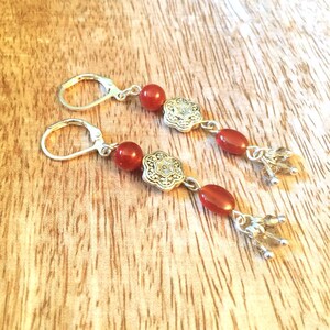 Handmade Carnelian Dangle Earrings: Tibetan Silver & Swarovski Crystals image 1