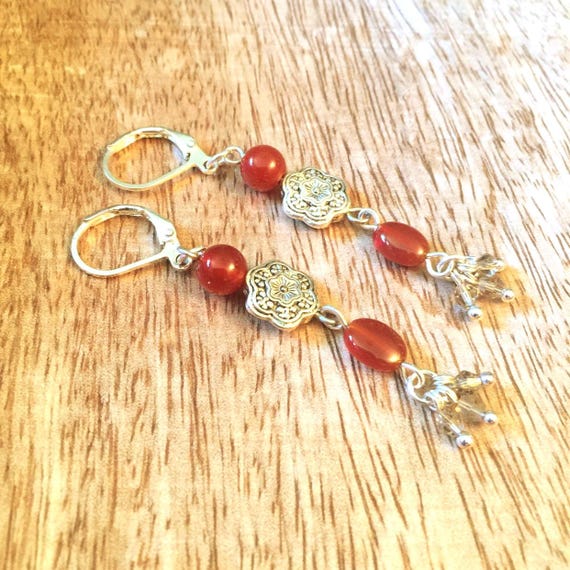 Handmade Carnelian Dangle Earrings: Tibetan Silver & Swarovski Crystals