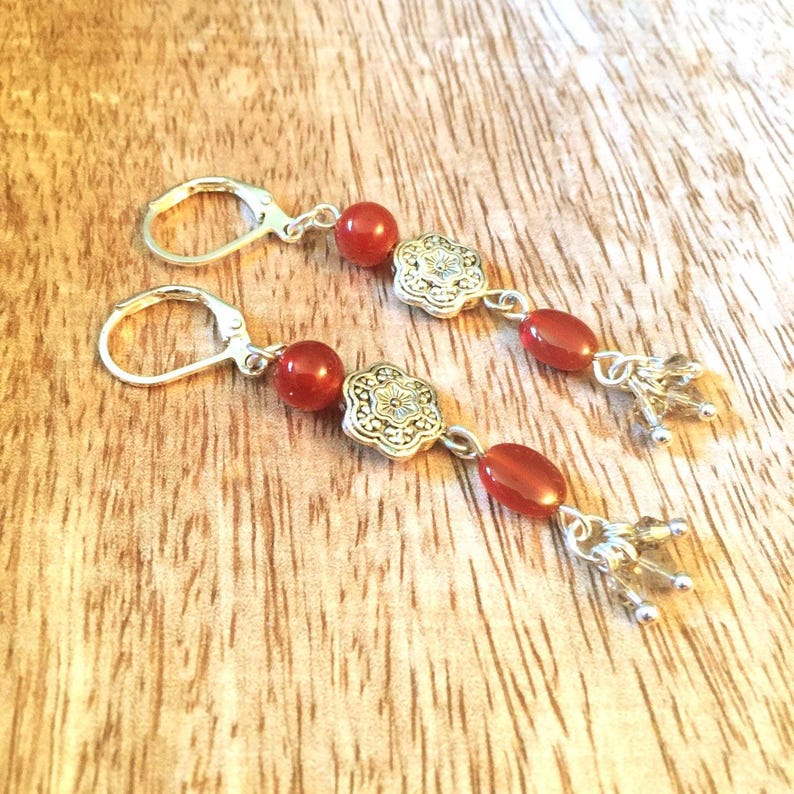 Handmade Carnelian Dangle Earrings: Tibetan Silver & Swarovski Crystals image 1
