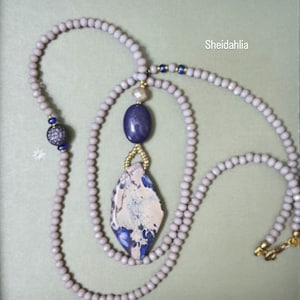 One of a kind necklace, natural stone pendant, hand crafted, crystal encrusted beads, long necklace, purple necklace