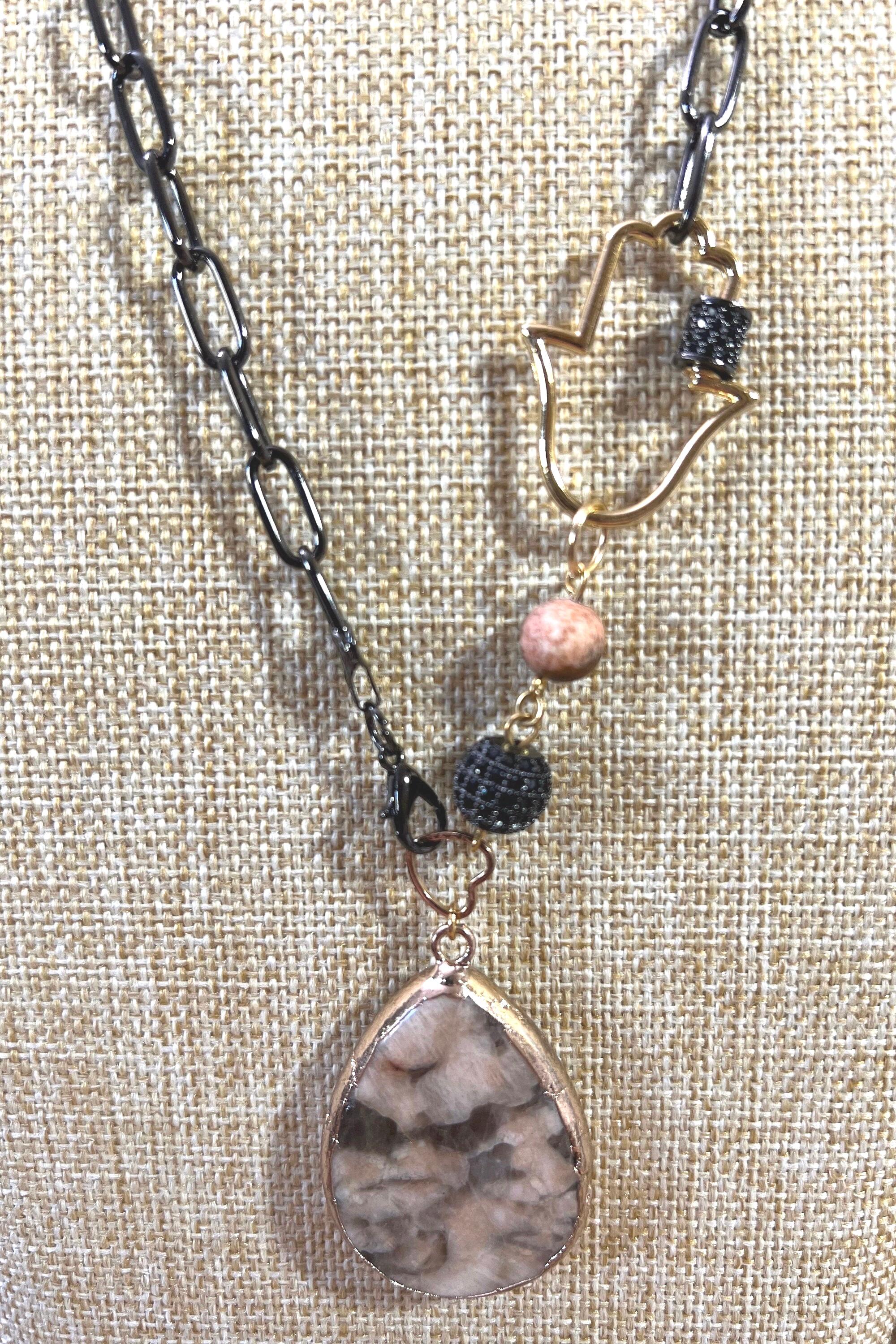 Hamsa Lariat Necklace: Gunmetal Chain, Agate Pendant, Multiway 
