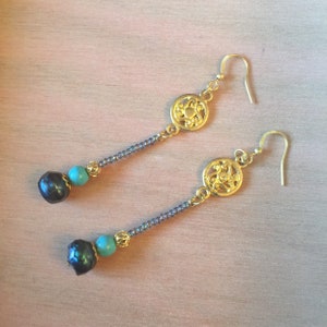 Pearl earrings, turquoise earrings, pearls, turquoise, blue, charcoal, navy, dangle earrings, rainbow, freshwater pearls