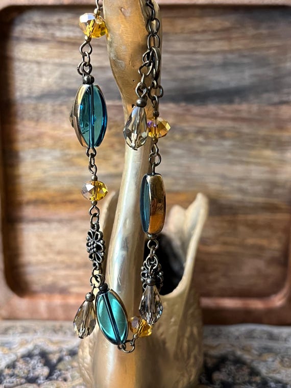 Vintage Style Bracelet: Teal Glass, Citrine & Topaz Crystals
