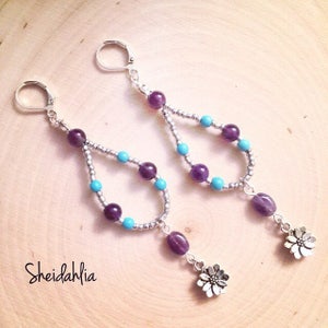Amethyst earrings- turquoise earrings, silver, amethyst, turquoise, amethysts, Purple, hoop earrings, chandelier earrings