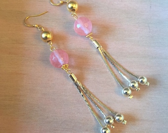 Handmade Rose Quartz Earrings: Gold Tone Dangle Earrings