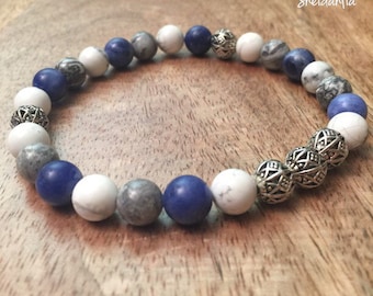 Tricolor men's bracelet-sodalite bracelet, gray jasper, white howlite jasper, Men's fashion, Mens, Stylish,Chic