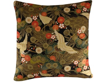 Crane Cushion, Black Floral Pillow Cover with Metallic Gold Highlights, Japanese Oriental Decor