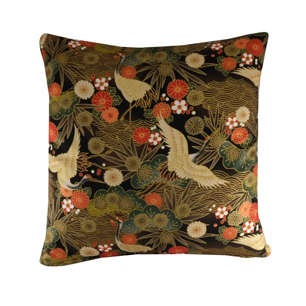 Crane Cushion, Black Floral Pillow Cover with Metallic Gold Highlights, Japanese Oriental Decor