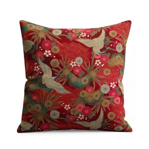 Red Crane Cushion Oriental Floral Pillow Cover with Metallic Gold Highlights
