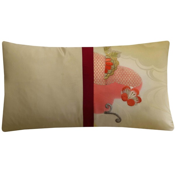 Embroidered Silk Floral Cushion Cream and Red Japanese Lumbar Pillow Cover 12x20 Asian Oriental decor