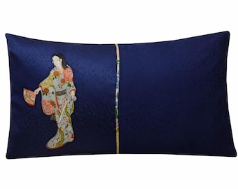 Blue Japanese Silk Cushion Cover, Kimono Lady Print Pillow, Oriental Lumbar Pillow Cover 12x20